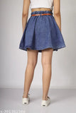 A dark blue denim mini skirt with belt loops and two side pockets