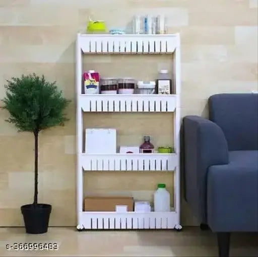 White four-tier slim storage organizer with wheels and holders in a kitchen setting