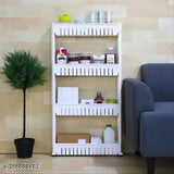 White four-tier slim storage organizer with wheels and holders in a kitchen setting