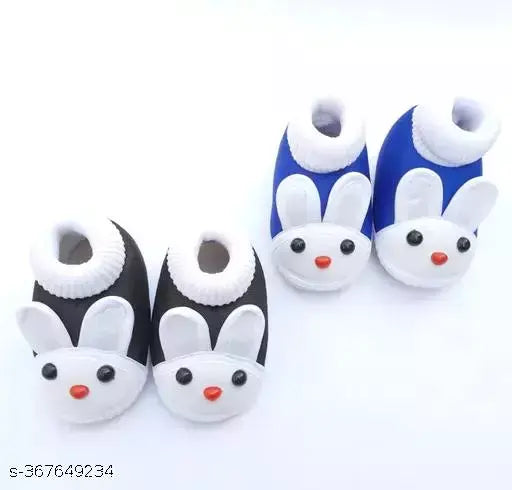 Stylish cotton rabbit-face unisex booties with anti-slip sole for infants (blue & black, pack of 2)
