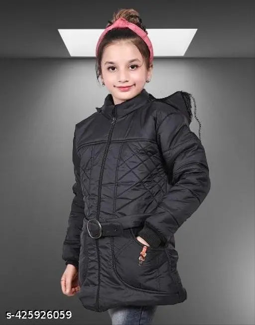 Girl in black puffy jacket with pink hairband