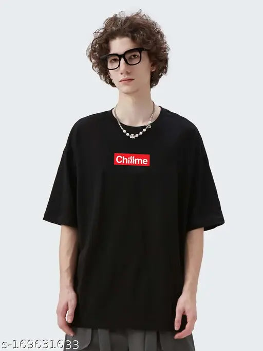 Black oversized round neck cotton T-shirt with chillme graphic print, quick-drying and soft fabric for men's casual wear or sports. Made in India