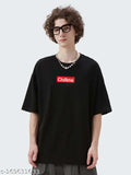 Black oversized round neck cotton T-shirt with chillme graphic print, quick-drying and soft fabric for men's casual wear or sports. Made in India