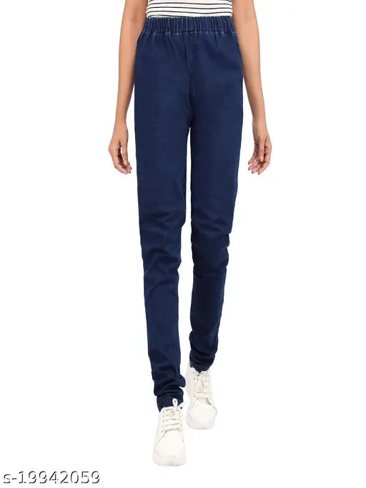 Royal blue denim skinny fit jeggings, medium waist and stretchable ankles for women
