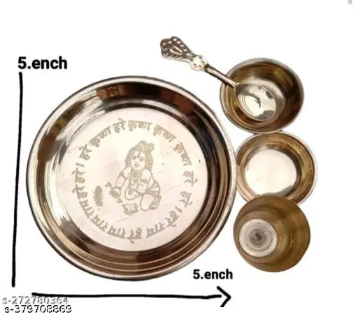 Brass gold laddu Gopal bhojan thali, traditional Indian religious offering set with 34g weight
