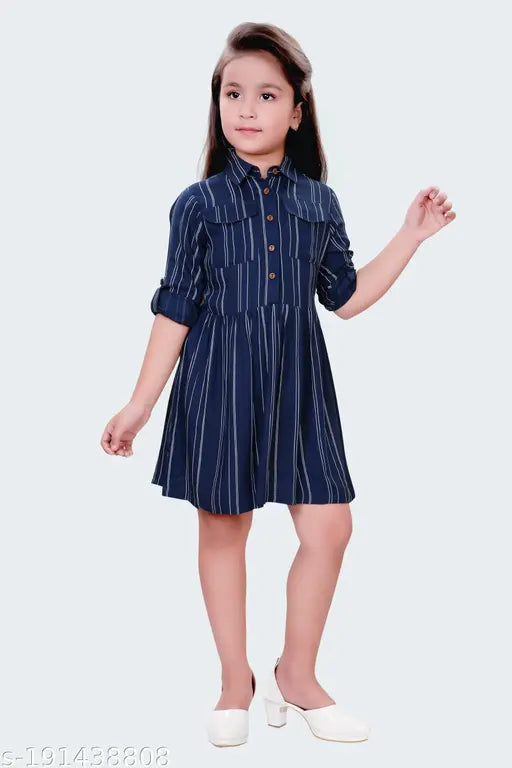 Blue striped girls shirt dress, short sleeves, front button closure, kids fashion