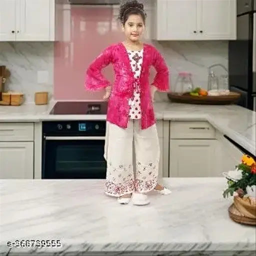 Pink and white printed rayon Anarkali kurti with palazzo for women and girls - Traditional Indian ensemble featuring an A-line pink kurta with three-quarter sleeves, wide-legged white palazzo pants, and intricate designs. Suitable for various occasions such as cultural celebrations, family gatherings, or formal events. Available in sizes 1-2 Years to 9-10 Years. Origin: India
