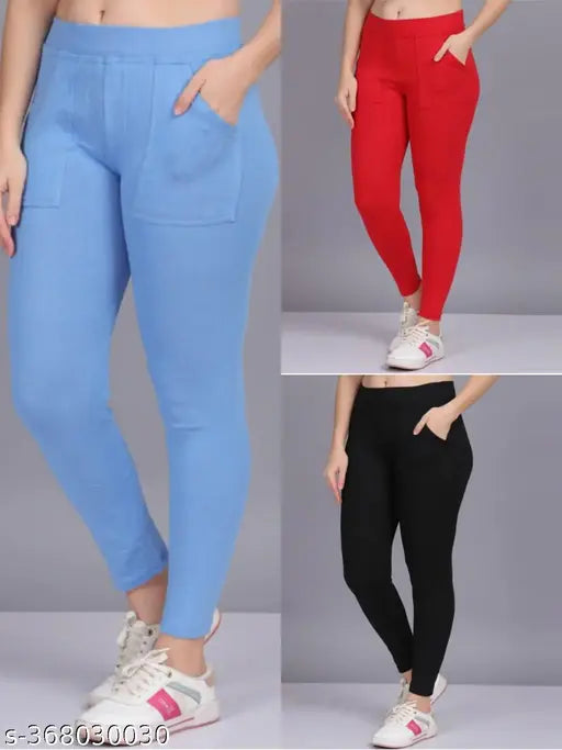 Denim blue Lycra women's jeggings pack of 3, high waist, stretchable workout pants, ankle length, gym outfit for women