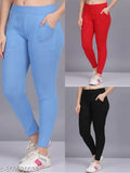 Denim blue Lycra women's jeggings pack of 3, high waist, stretchable workout pants, ankle length, gym outfit for women