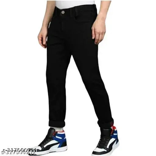 Men's slim fit stretchable denim jeans, polyester solid color, ideal for casual and semi-formal wear. Available in sizes: 28 (waist 30, length 39), 30 (waist 32, length 39), 32 (waist 34, length 39). Made in India