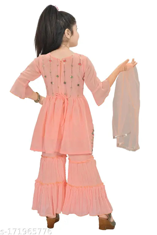 Orange chiffon anarkali sharara with dupatta set for girls, embroidered three-quarter sleeves, Indian clothing, high quality and affordable, size 3-4 years