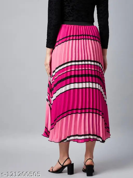 Satin striped net pink pleated skirt, StyleStone women's skirt with multiple sizes available (30-38), Indian origin