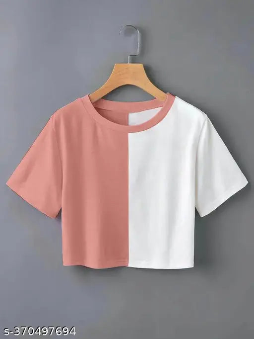 Colorblocked polyester short-sleeve women's t-shirt, Indian-origin fashion apparel