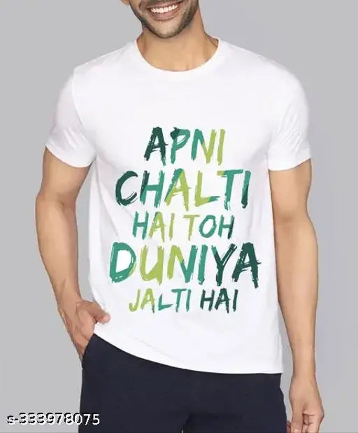 Printed polyester short sleeve t-shirt, 'Apni Chalti Hai Toh Duniya Jalti Hai', India origin