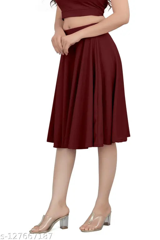 Maroon pure cotton lycra mini skater skirt, free size, knee-length party wear for women