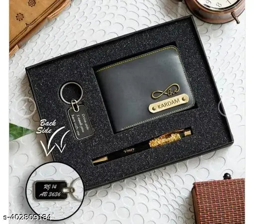 Customized faux leather men's wallet-pen-keychain combo, engraved name, perfect gifting occasion accessory