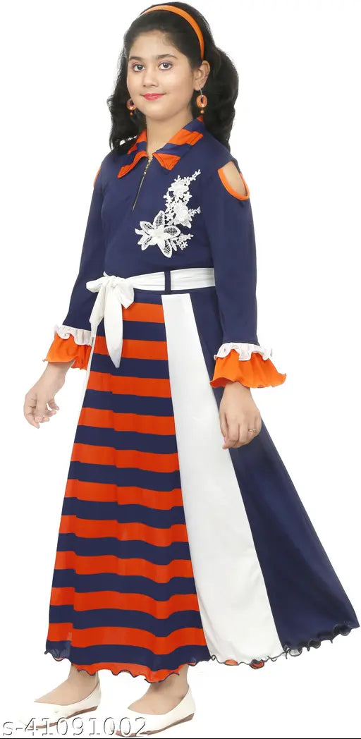 Blue and white party wear frock with ruffle trim, sizes 23-91 years, cotton material