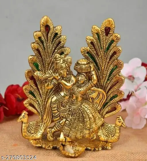 Indian Krishna Idol, handcrafted oxide metal Mor Radha Krishna figurine