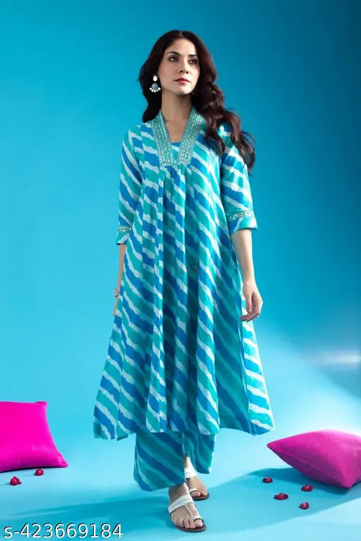 Pure cotton Anarkali Lehriya pattern Kurta pant set with V-Neck embroidery, three-quarter sleeves, palazzos. Modern Indian fashion on display