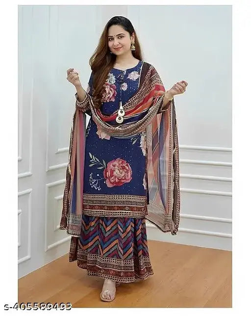 Ladies wearable embroidered outfit set featuring kurta and sharara, dupatta, crochet detailing