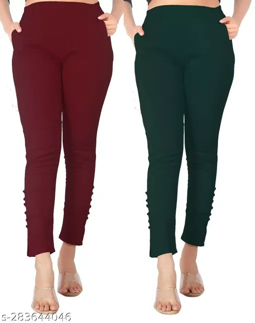 Women's and girls classy cotton lycra ankle-length trousers (pack of 2) in solid neutral colors, comfortable for all sizes from 28 to 42