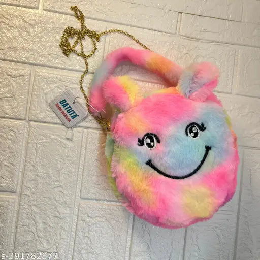 Pink plush fabric handbag with a smiling face