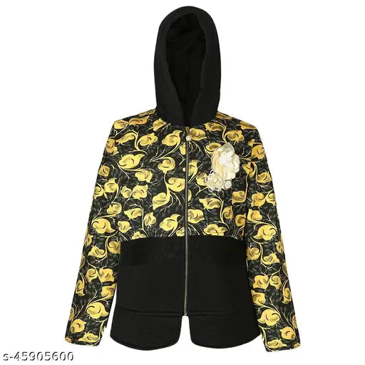 Black cotton blend truffle girls hoodie jacket, full sleeve yellow print, front zip closure