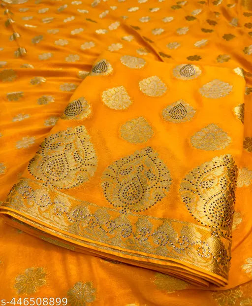 Chiffon saree, free size, 6m long, zari woven pattern, heavy seroski work, Indian origin