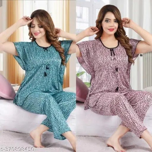 Nandani's satin night suit and coord set, fancy printed pyjamas for stylish sleepwear (L: top bust 36", top length 25", bottom waist 34", bottom length 38")