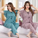 Nandani's satin night suit and coord set, fancy printed pyjamas for stylish sleepwear (L: top bust 36", top length 25", bottom waist 34", bottom length 38")