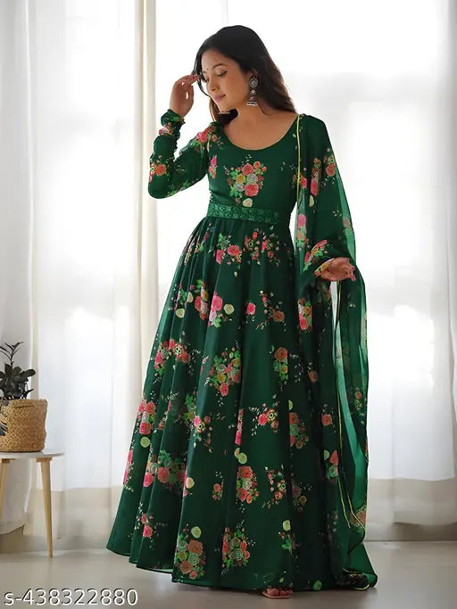 Green Color Ankle Length Full Sleeve Floral Printed Aline Full Flared Designer Latest Indian Gown for Women for Western and Marriage wear under 300 (with Dupatta + Full Inner + Free Belt)