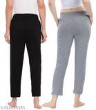 Black cotton solid women's pyjama pants, pack of 3