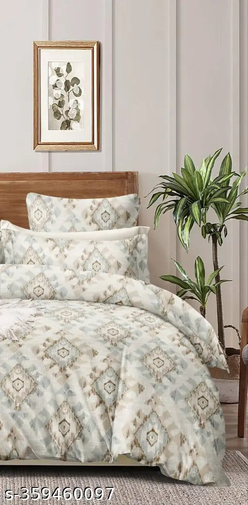 White glace cotton double bedsheet set with 2 pillow covers, soft and comfortable bed linen