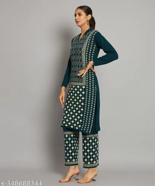 Woolen MEAVYIL Kurta set with palazzo bottoms, featuring three-quarter sleeves and printed net pattern. Women's Indian wear." (124 characters)