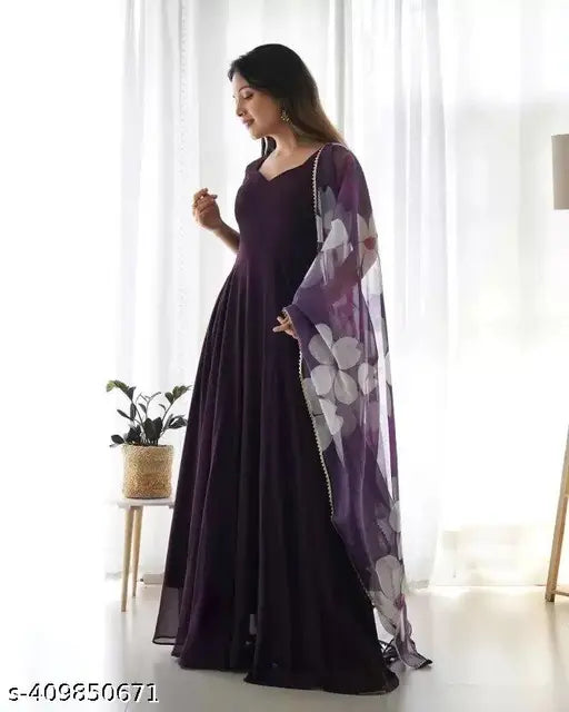 Georgette Niluvangi Anarkali Fancy Gown with Dupatta and Bottomwear - Indian couple set in solid pattern