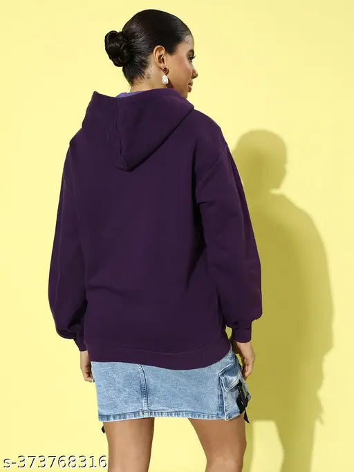 Purple oversized cotton hoodie with printed net pattern, long sleeves on woman, India-made fashion statement