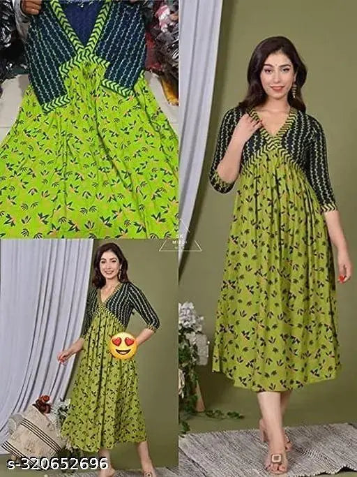 Green, black and white patterned women's anarkali kurta with flared bottom