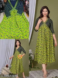 Green, black and white patterned women's anarkali kurta with flared bottom