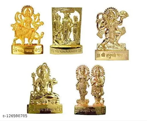 Gold-plated metal set of Maa Durga, Ramdarbar Hanuman, and Shankar statues with a standing Laxmi Ganesh