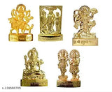Gold-plated metal set of Maa Durga, Ramdarbar Hanuman, and Shankar statues with a standing Laxmi Ganesh