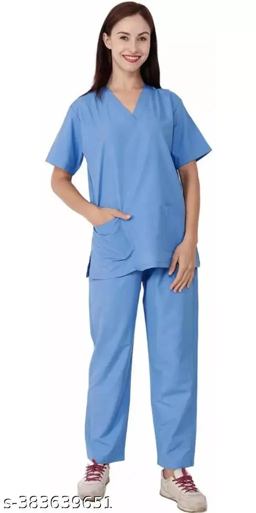 Blue polyester scrub suit for nurse/doctor, essential protective clothing with short sleeves and pants, India origin