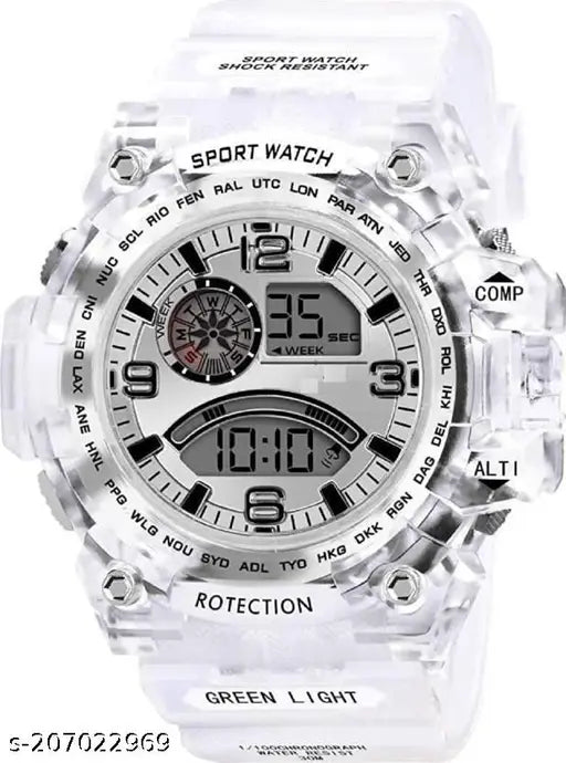 Sporty digital watch with heavy quality, transparent strap, automatic multi-functional design, shockproof case, and white face