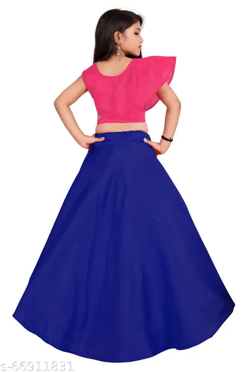 Yellow-Blue Indi Girls Lengha Choli Western Wear, 100% Silk Cotton blend, Embellished with mirror work, suitable for girls aged 2-14 years