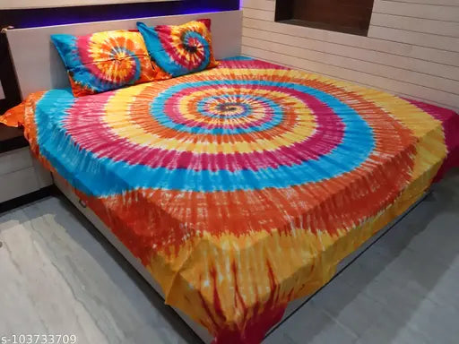 100% cotton, abstract print, king size handmade tie and dye bedsheet with 2 stitched pillow covers. Perfect for summer, made by QADRI IMPEX." (115 characters)