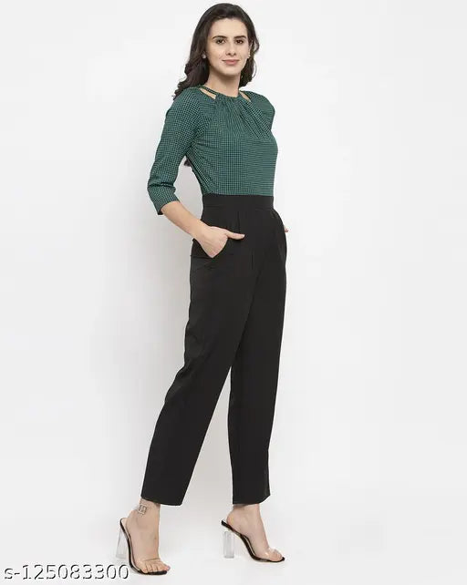 Green & black houndstooth print women's crepe jumpsuit with three-quarter sleeves, halter neck design, available in sizes S to XL. Made in India