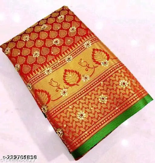 Brocade silk saree with paisley border and floral designs