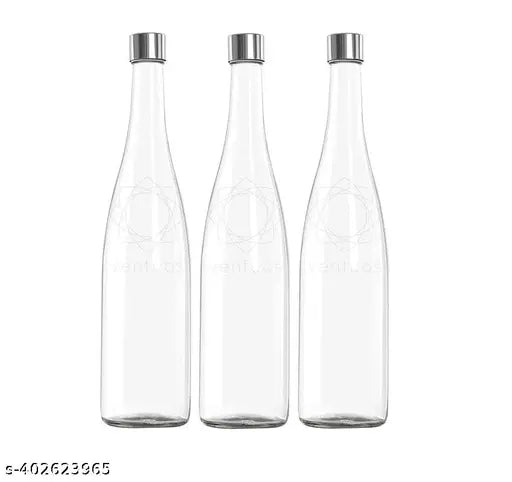 Clear pack of 3 Hari Enterprise Glass Beverage Bottles, leak-proof caps - ideal for water, soda, oil, vinegar, or beer. Made in India, BPA-free, reusable, and eco-friendly