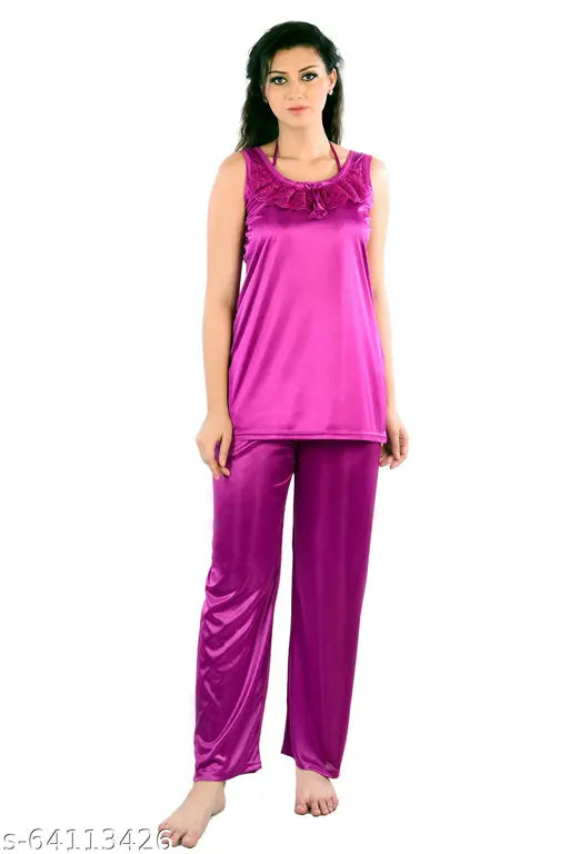 Purple wine, coral pink satin pyjama set in three combos from Nightdoll Women's Nightwear - stylish sleepwear for comfort and elegance