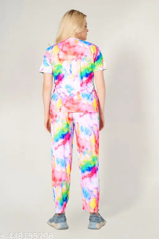 Stylish printed t-shirt and pyjama set, women's polyester loungewear with short sleeves and elastic waistband, dyed/washed design, Indian origin