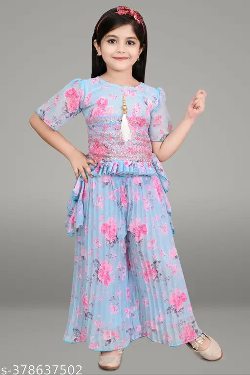 Aqua blue chiffon A-line palazzos with embroidered short sleeves. Indian fashion for kids aged 0-11 years